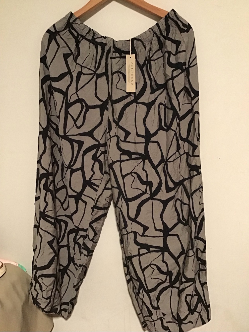Women’s Boot Cut Gray Pants with Black Abstract Print